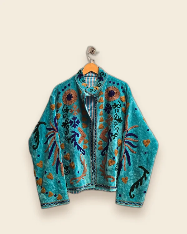 The Lagoon — Turquoise hand-embroidered velvet jacket