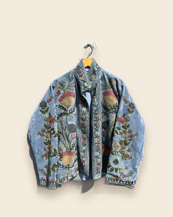The Larkspur — Dusty Blue embroidered velvet jacket