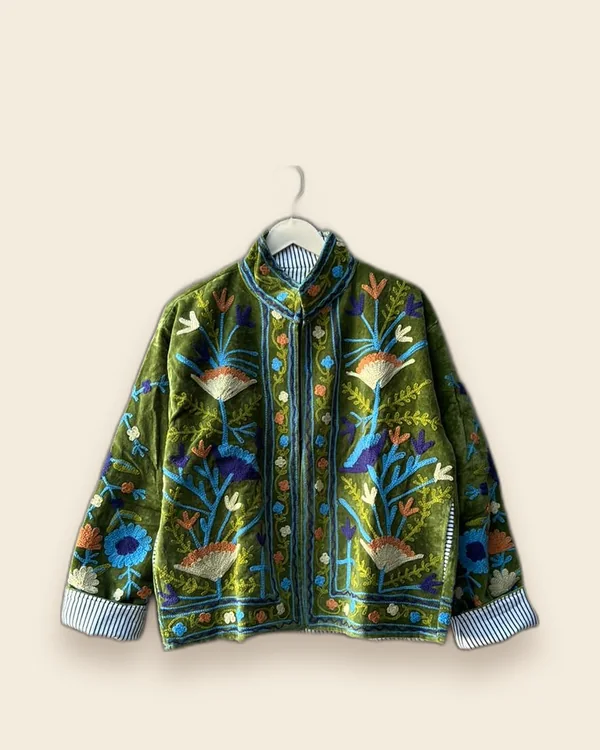 The Meadow — Olive hand-embroidered velvet jacket