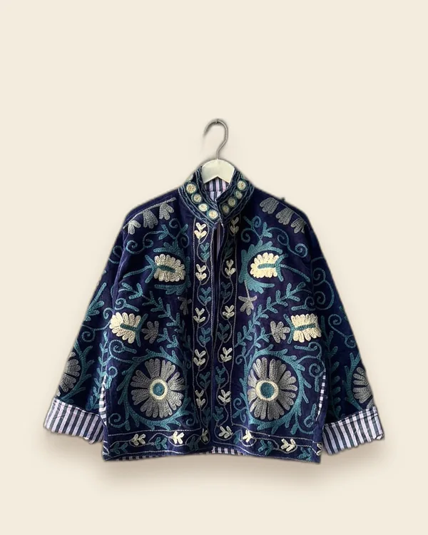 The Medallion — Indigo hand-embroidered velvet jacket