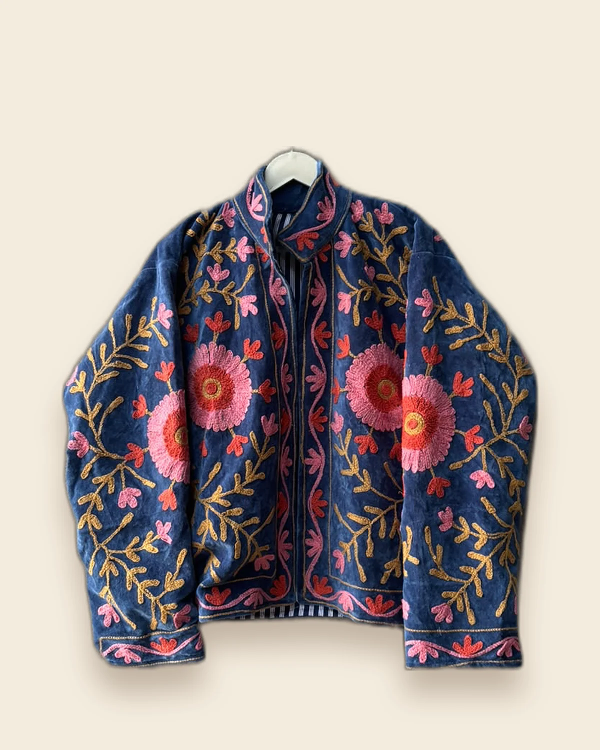 The Poppy — Navy embroidered velvet jacket