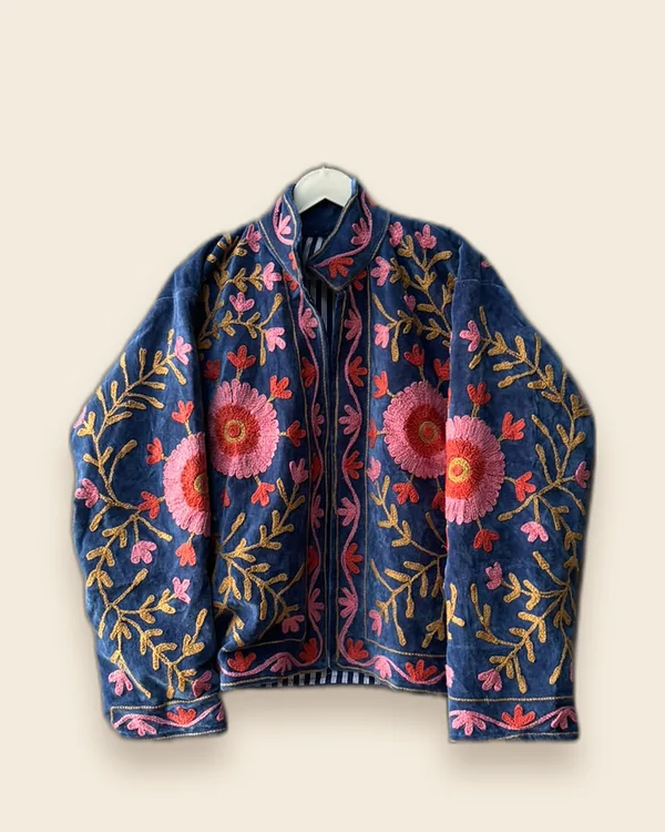 The Poppy — Navy hand-embroidered velvet jacket