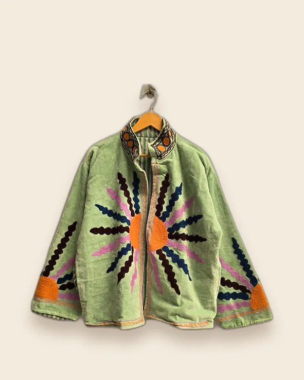 The Sunburst — Mint hand-embroidered velvet jacket