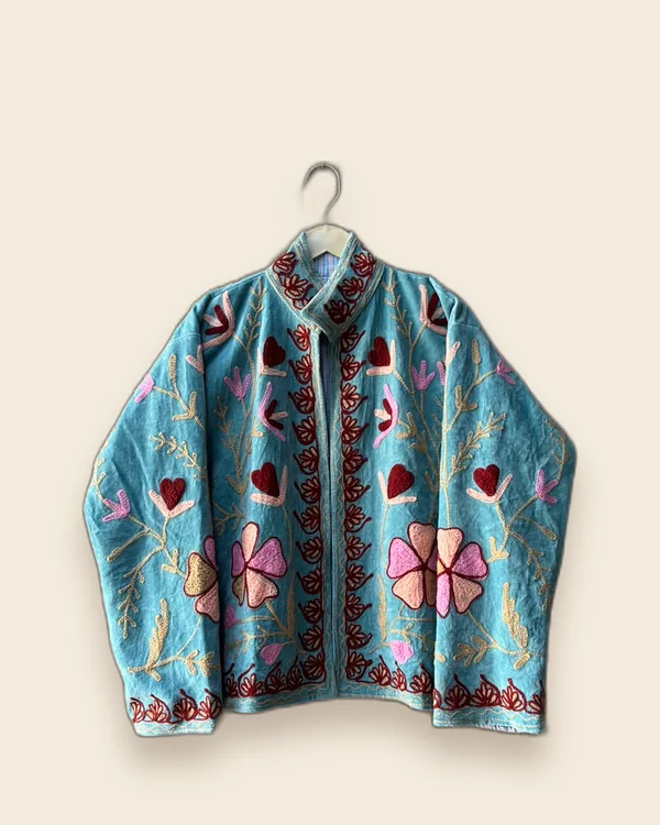 The Sweetheart — Sky Blue hand-embroidered velvet jacket