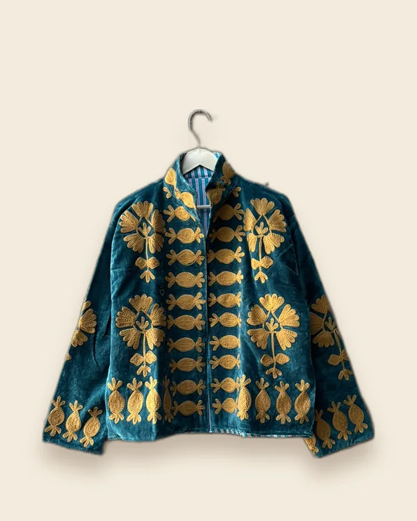 The Temple — Teal hand-embroidered velvet jacket