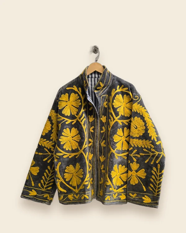 The Turmeric — Charcoal embroidered velvet jacket
