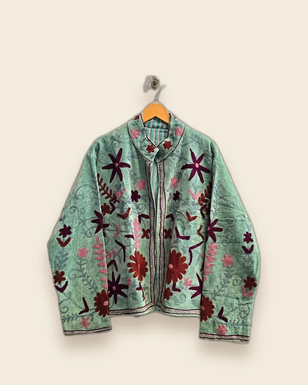 The Wildflower — Sage hand-embroidered velvet jacket